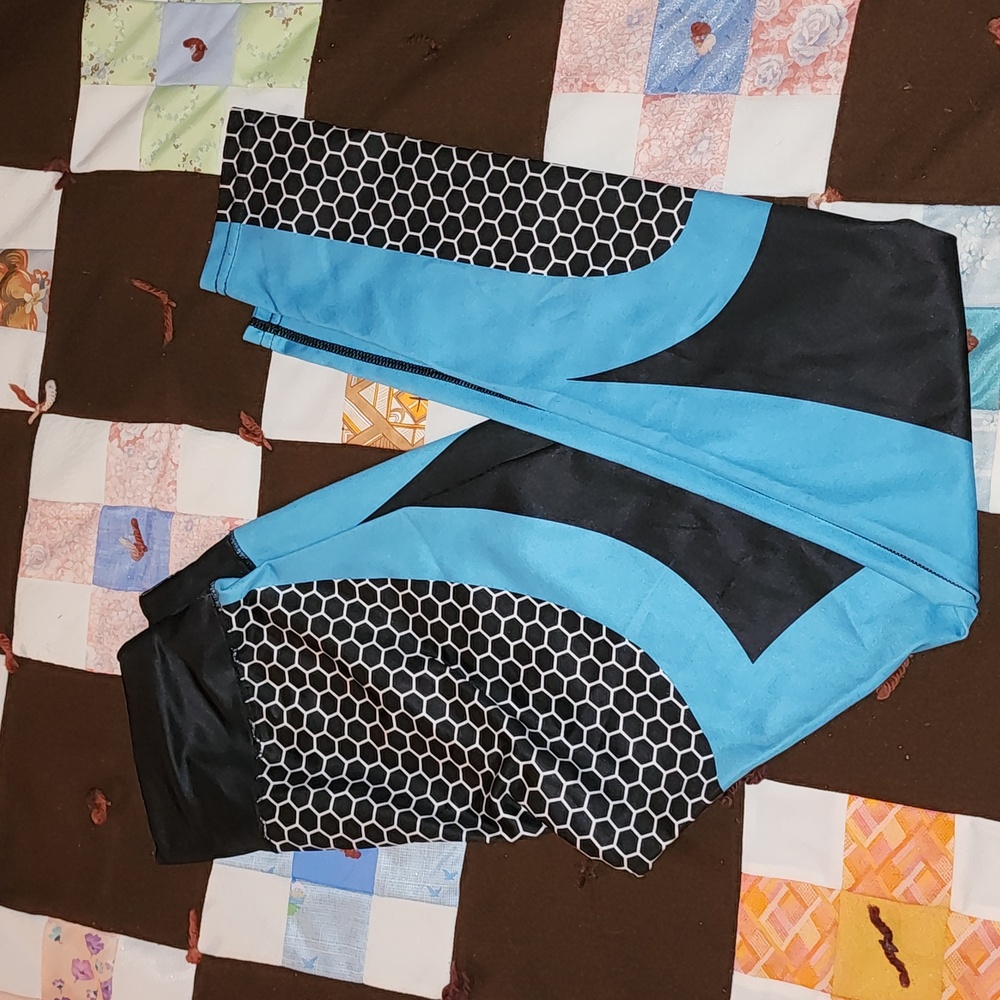 Size small athletic pants, blue white, and black